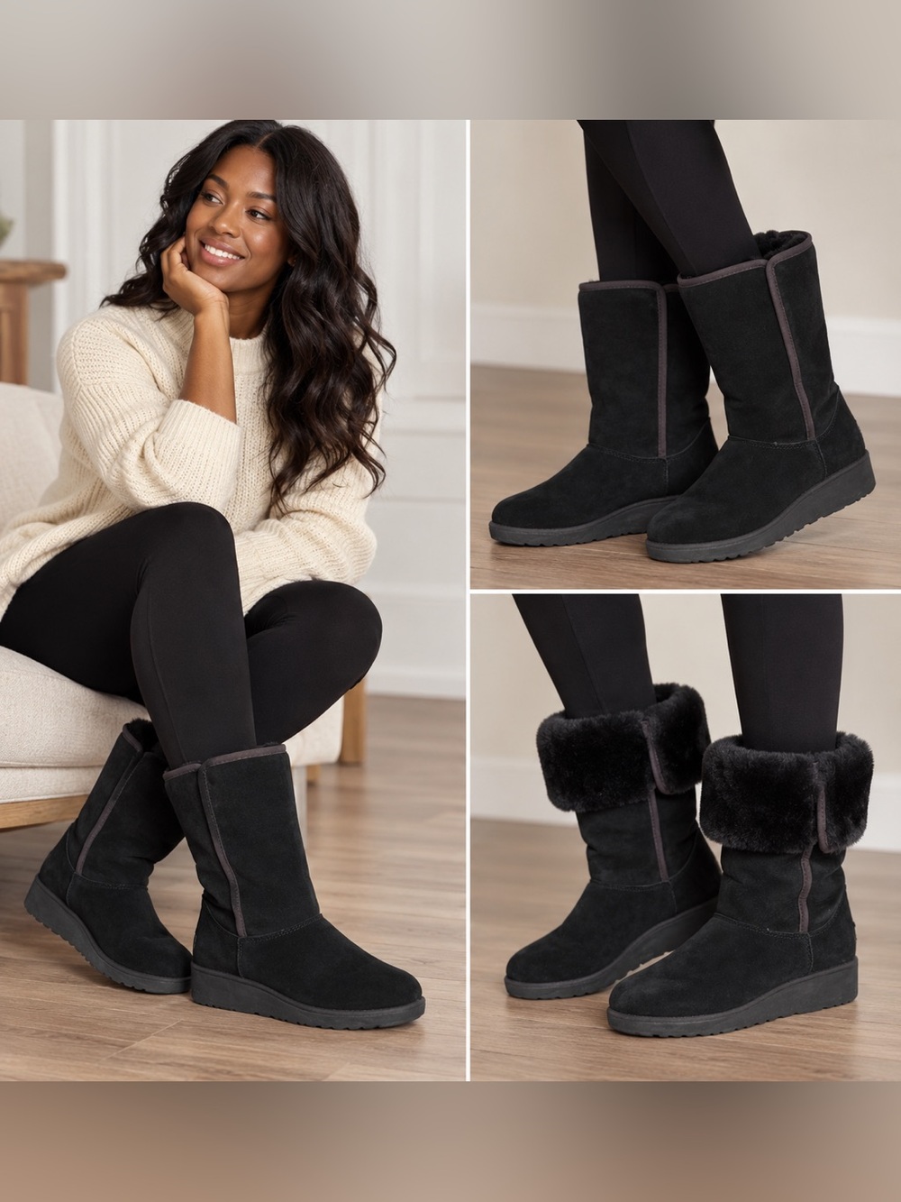 UGG Amie 1013428 Black Suede Shearling Wedge Boots Women’s 9